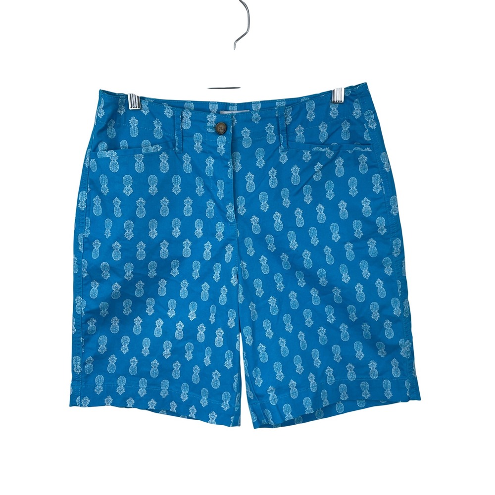 Kim Rogers Womens Blue Pineapple Print Bermuda Shorts Size 10 Tropical Summer